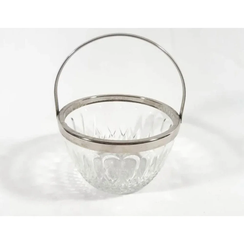 Vintage Reims France Cut Crystal Candy Dish Silver Rim Swing Handle Sugar Bucket